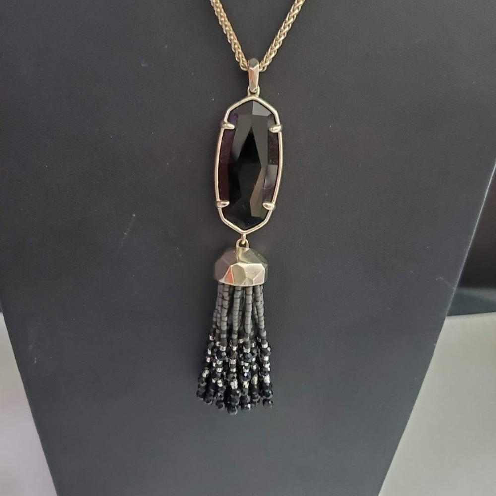 Kendra Scott Eva Gold Long Tassel Necklace Black Opaque Glass Beaded Pendant - Picture 2 of 9